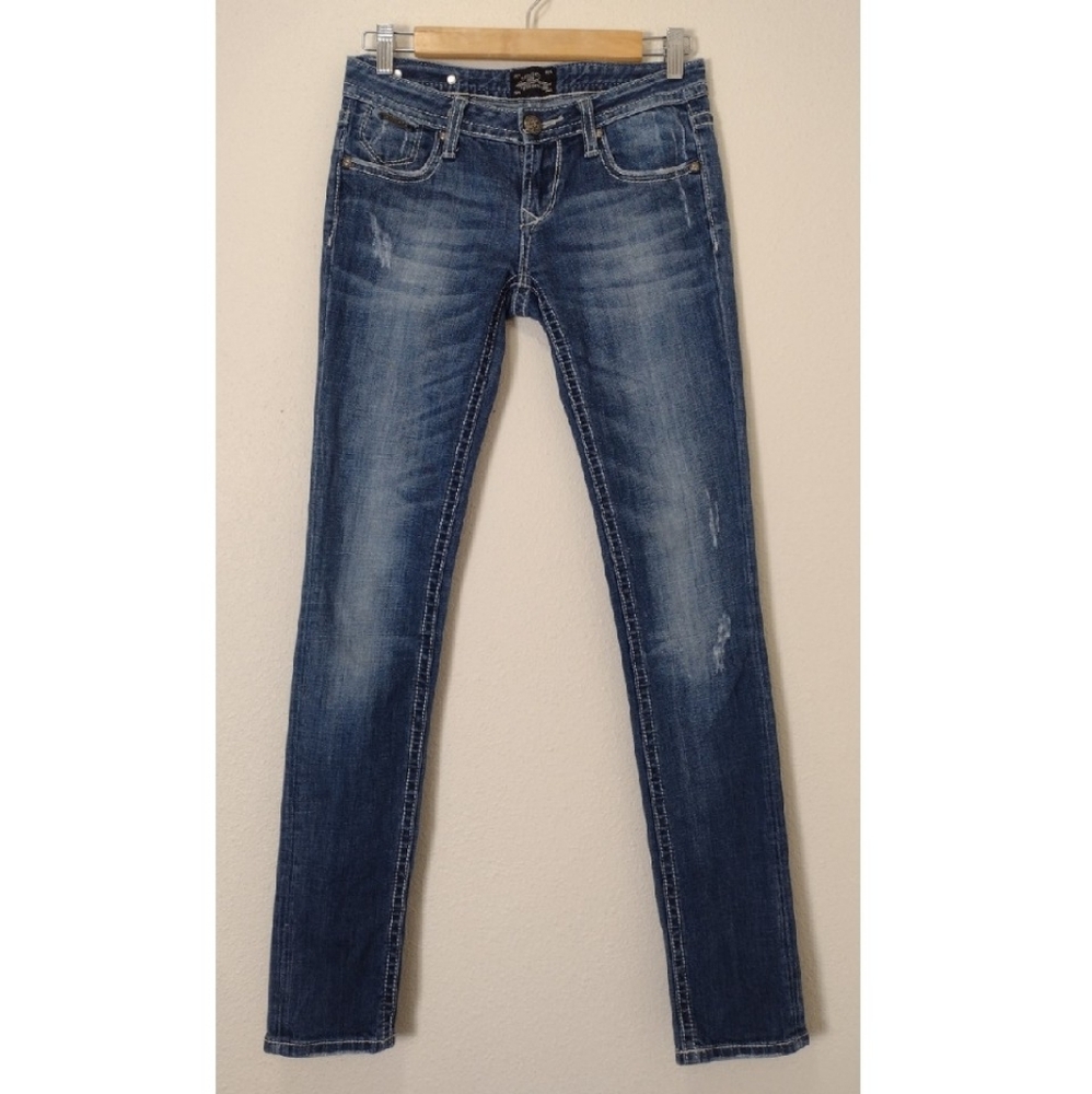 Rerock for Express Low Rise Distressed Skinny Jeans Medium Blue Wash Size 0